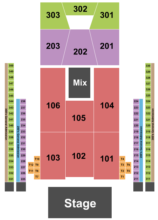713 Music Hall Seating Chart: Endstage 100's/200's Tables