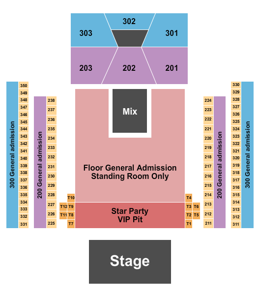 713 Music Hall Seating Chart: Endstage Party Pit