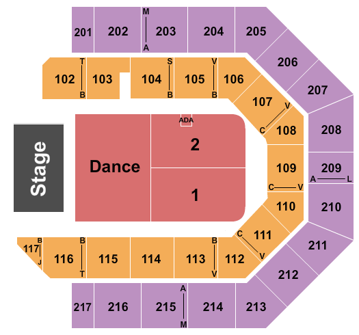 Credit Union 1 Arena Seating Chart: Endstage Dance / Reserved 1&2