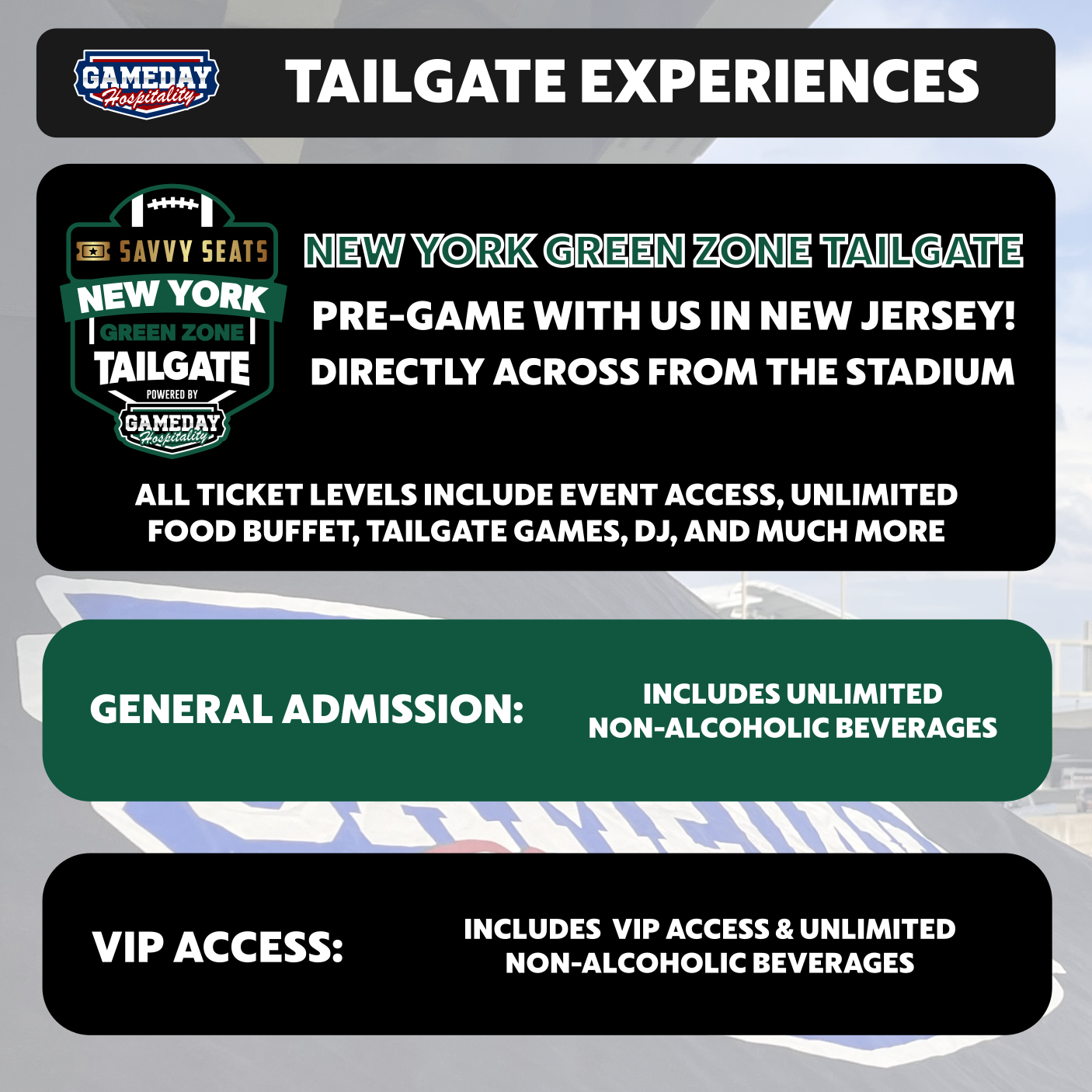 New York Tailgate Zone at American Dream Seating Chart: Jets Gameday Hospitality 2025