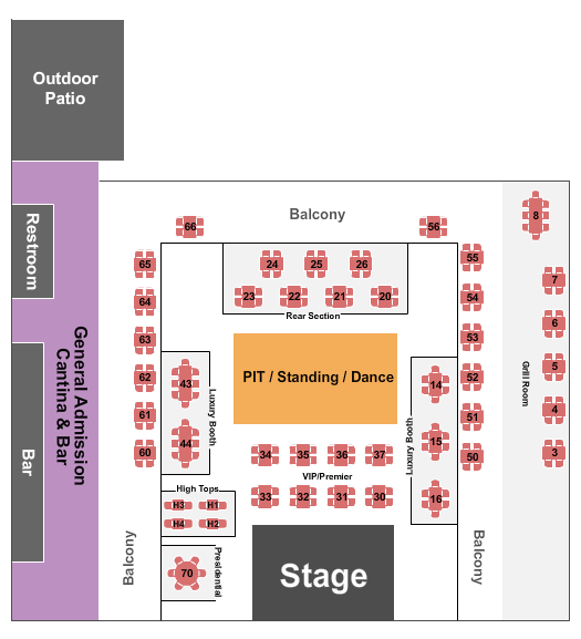 Greek Bros. Oyster Bar & Grill Seating Chart: Endstage GA/VIP Tables/GA Bar