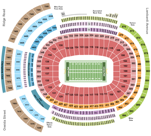 Lambeau Field Seating Chart: Football - No Sideline Info