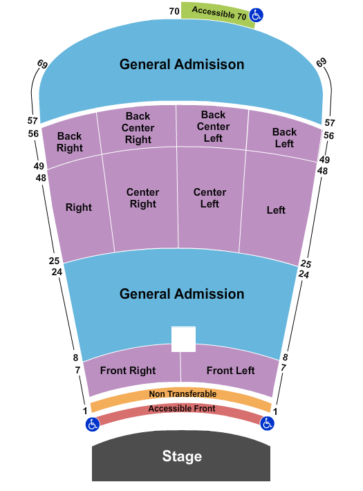 Red Rocks Amphitheatre Seating Chart: Resv 1-7, 25-56 and GA 8-24, 57-69