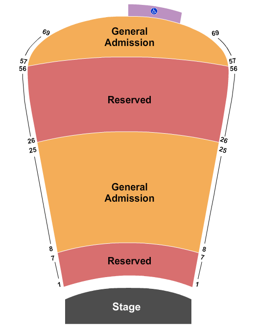 Red Rocks Amphitheatre Seating Chart: Resv 1-7, 26-56 and GA 8-25, 57-69