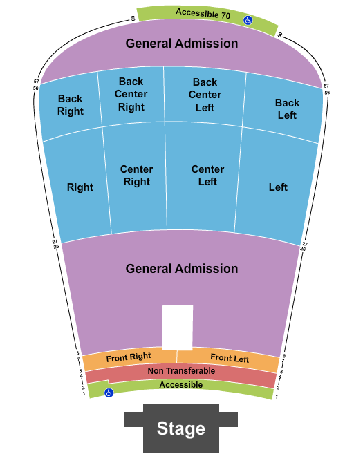 Red Rocks Amphitheatre Seating Chart: Resv 1-7, 27-56 and GA 8-26, 57-69