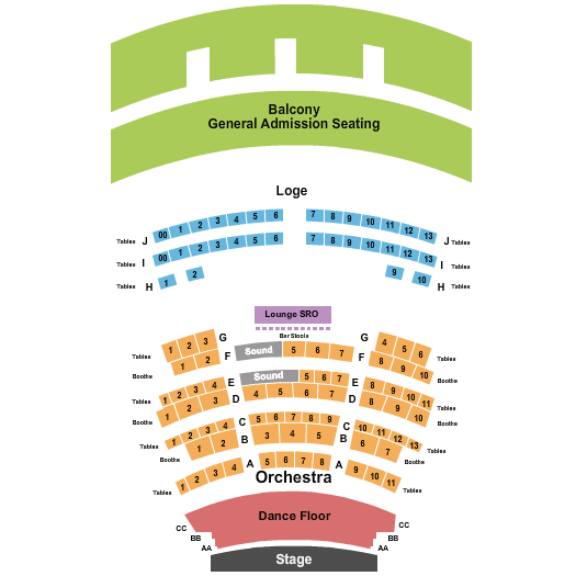 Rococo Theatre Seating Chart: Endstage - Dance Floor 2