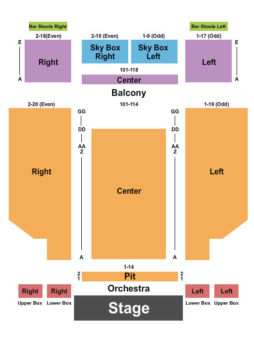 Sherman Theater Seating Chart: Endstage Orch Pit