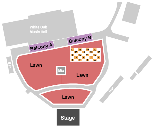 White Oak Music Hall - Lawn Seating Chart: End Stage Tables